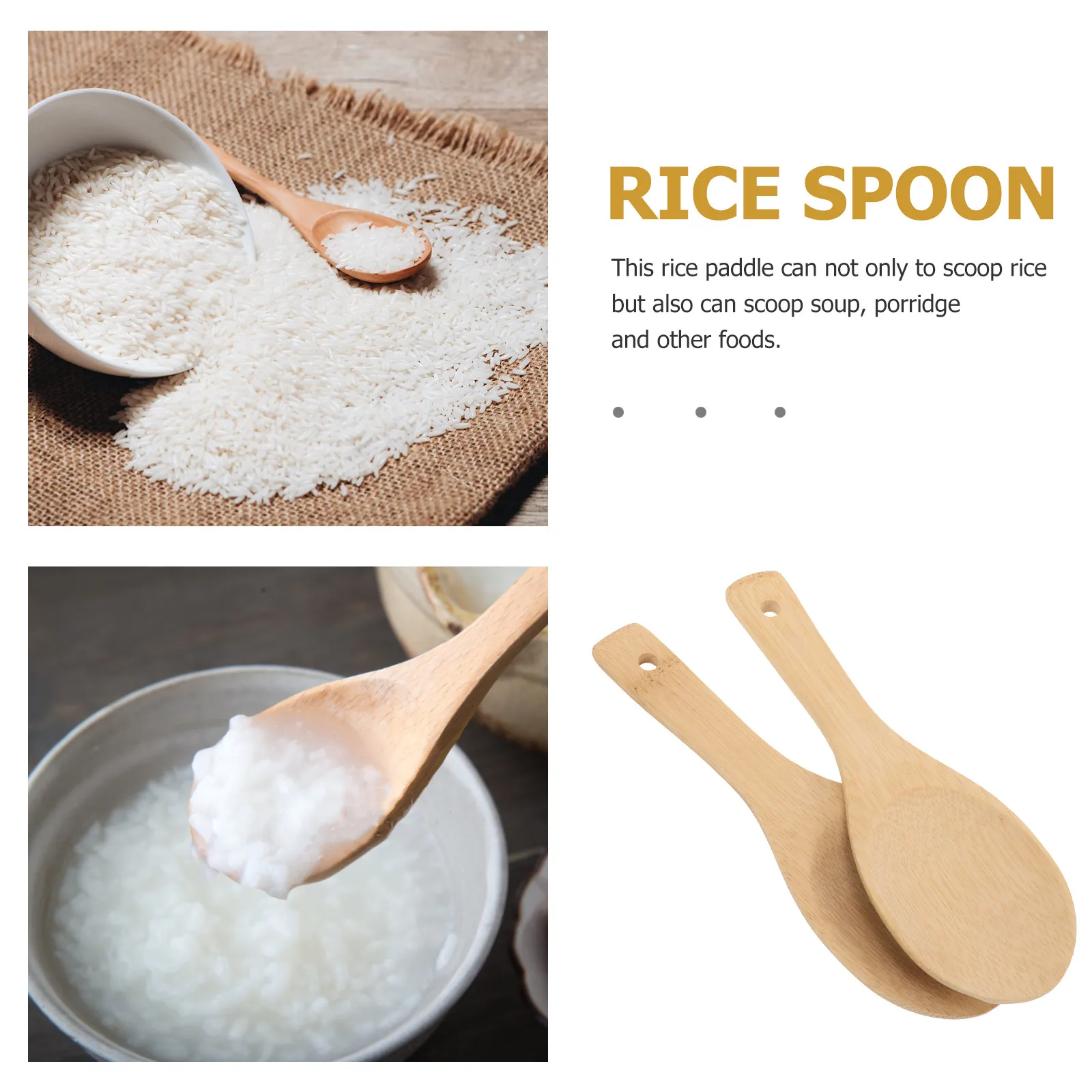 2Pcs Bamboo Rice Scooper Non Stick Coated Rice Paddle Spoon Kitchen Utensil Hanging Hole Suitable for Soup Porridge Serving