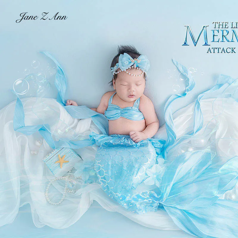 

Newborn Mermaid baby photography props ocean Theme Infant Girl outfit with headband and costume set blue color