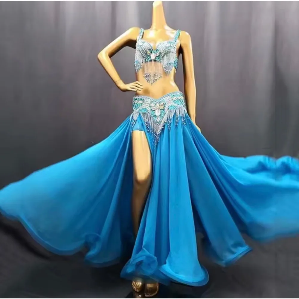 Professional White Belly Dance Costume for WomenOriental Dance Sequins Bra & Belt Set with Skirt, Bellydance Performance Outfit