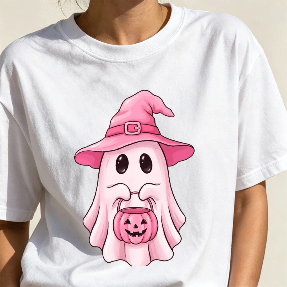 Cute Pink Ghost Witch Hat Pumpkin Bucket Halloween Graphic Print Shirt Unisex Spooky Fall Casual Short Sleeve Tee Women Clothing