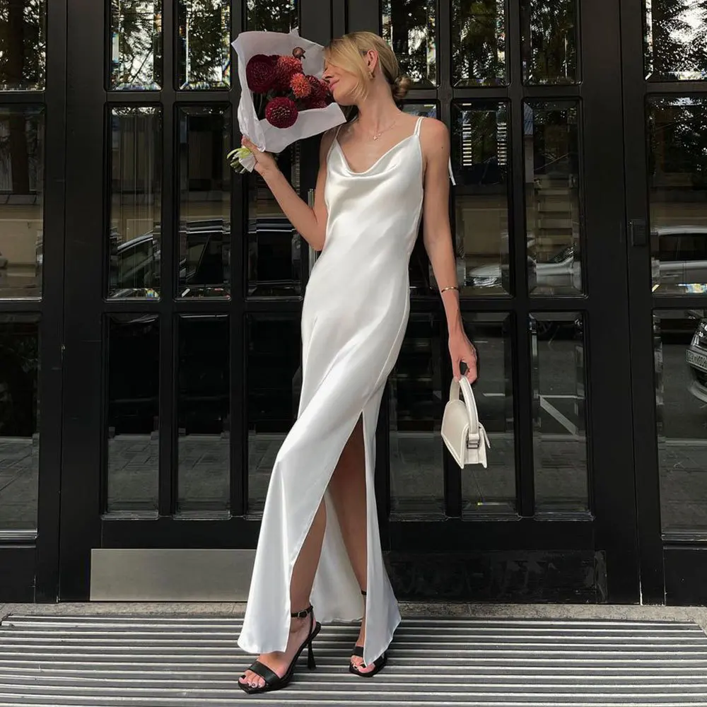 DSMTRC Women Clothes Birthday Party Elegant Y2K Satin Long Dress 2024 New Summer White Solid Spaghetti Strap Bodycon Prom Dress