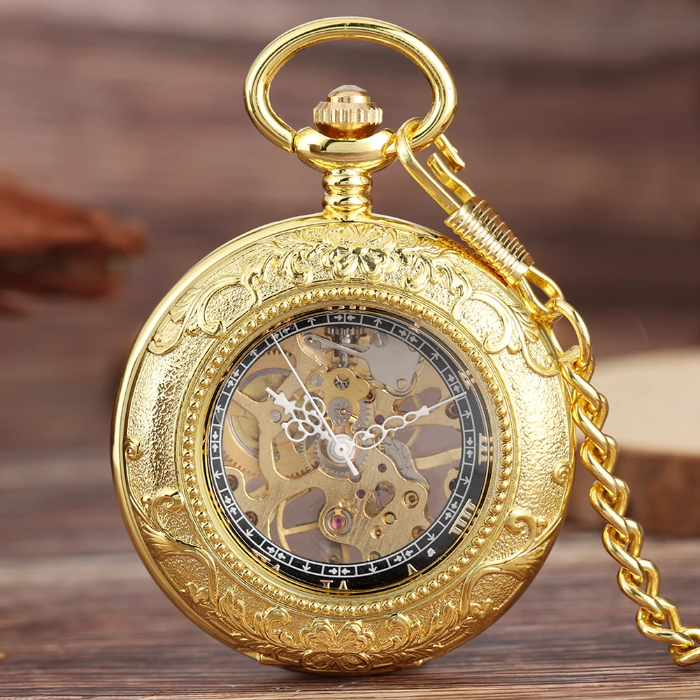 Roman Numerals Transparent Glass Gold Fob Chain Mechanical Hand-Wind Pocket Watch Xmas Gift Men Steampunk Vintage Pocket Clock