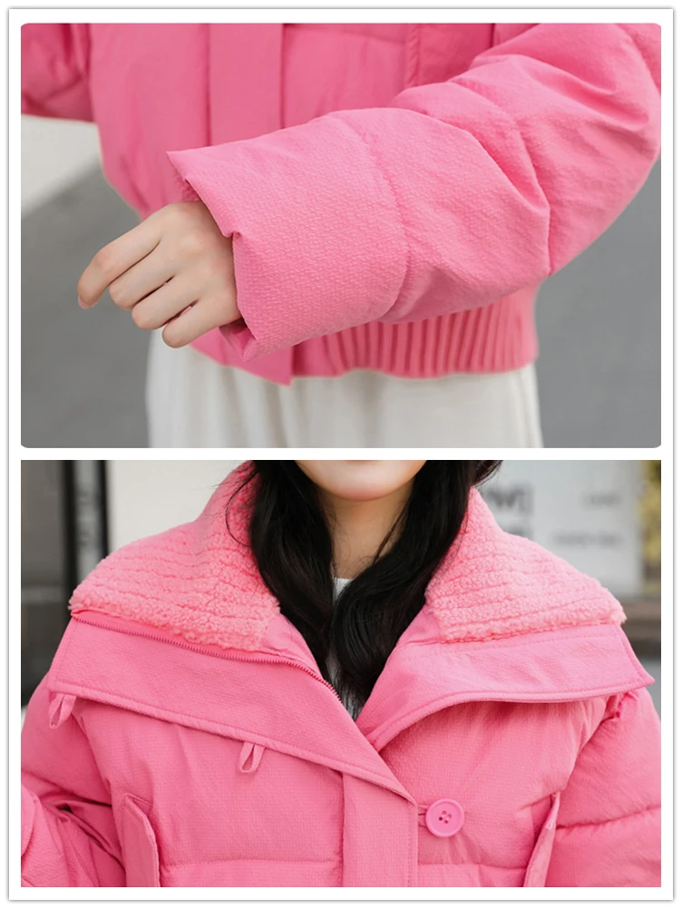 Winter Thicken Parkas Slim Short Jackets Women Korean Warm Plush Lapel Coats Casual Down Cotton Oversized Pink Crop Chaquetas