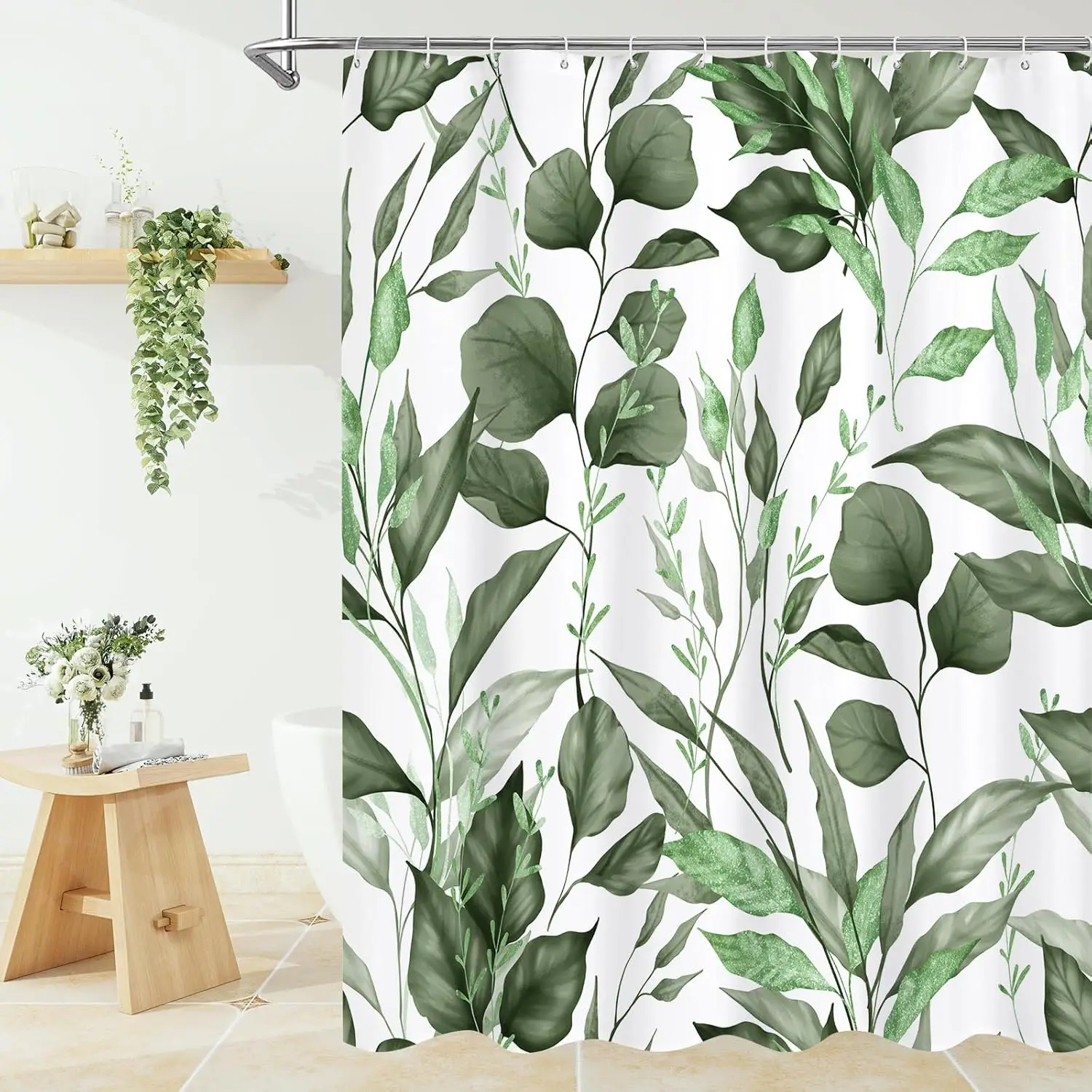 

Темно-зеленая занавеска для душа с растениями, ботанические листья на белом фоне, комплект натуральных занавесок для эстетической ванной комнаты, водонепроницаемый запах