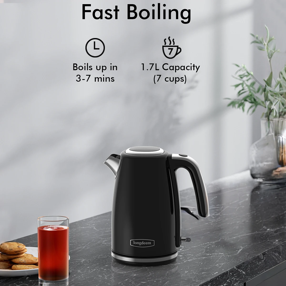 Electric Kettles 1500W for Boiling Water, Longdeem Retro 1.7L Stainless Steel Hot Water Boiler with Automatic Shut Off, Black