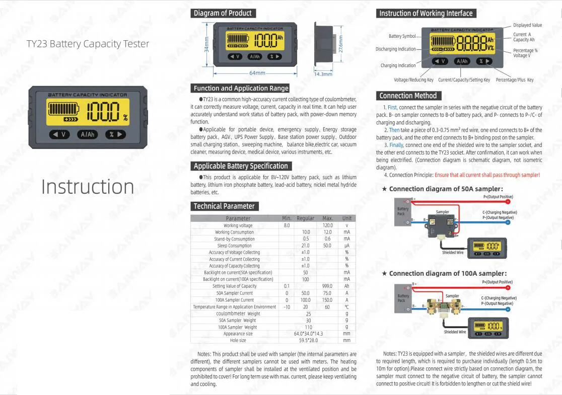 Electric CAR Shunt Coulomb Meter Monitor Lithium Battery Capacity Power Display VOLT DC 12V 24V 36V 48V BMS Lead-acid  Liion