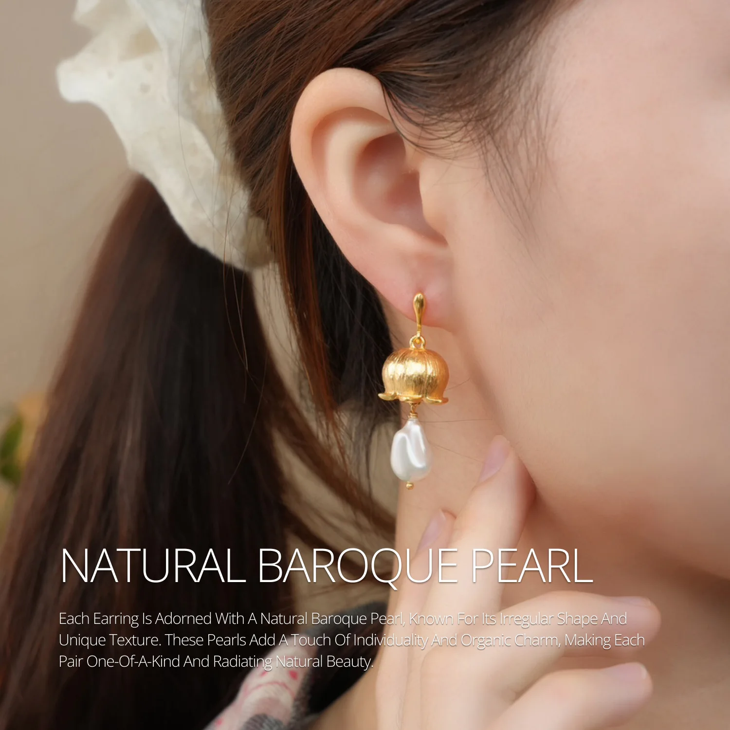 Flower Bud Earrings with Natural Baroque Pearl-Luxurious 24K Gold Plated Brushed Finish Jewelry Best Gift for Women & Friends