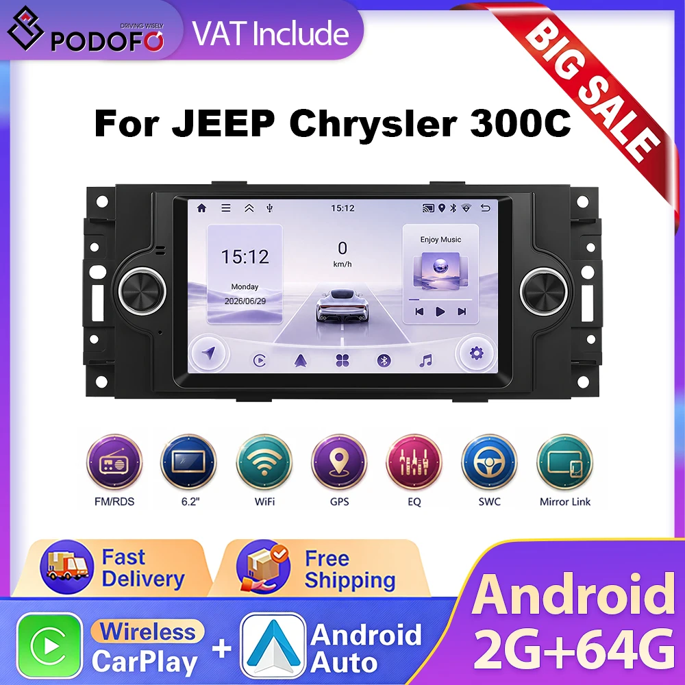 Autoradio Podofo 6,2 pouces CarPlay Android 2+64G pour JEEP Chrysler 300C, système intelligent de voiture 2 Din, autoradio GPS, navigation, RDS, Bluetooth, WIFI, FM/RDS, SWC