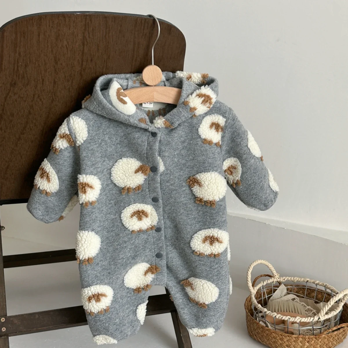1-18 Months Baby Winter Gray Hooded Lamb Embroidered Long Sleeve Plush Daily Jumpsuit Newborn Boys Girls Warm Clothes
