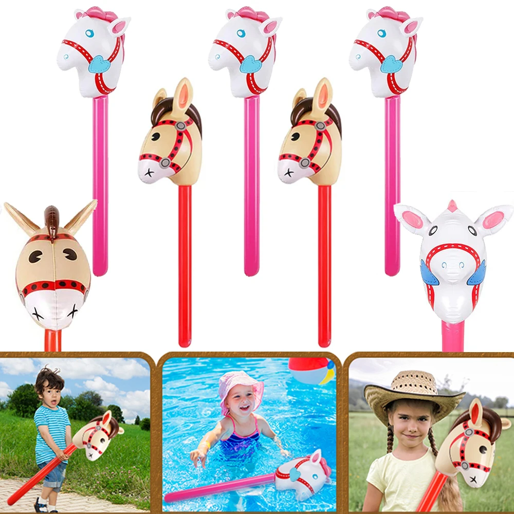 Inflatable Horse Stick PVC Long Stick Unicorn Pony Balloon Cowboy Cowgirl Horse Birthday Party Decoration Kids Pool Blow Up Toys