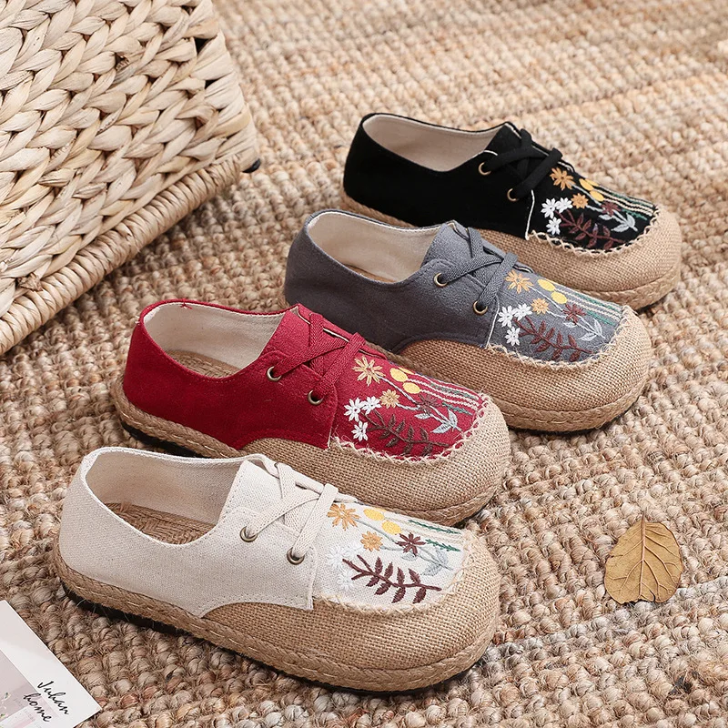 Women\'s Embroidered Linen Shoes New Ethnic Style Non-slip Comfort Loafers Flowers Thick Bottom Lace Up Flats Sapato Femininas