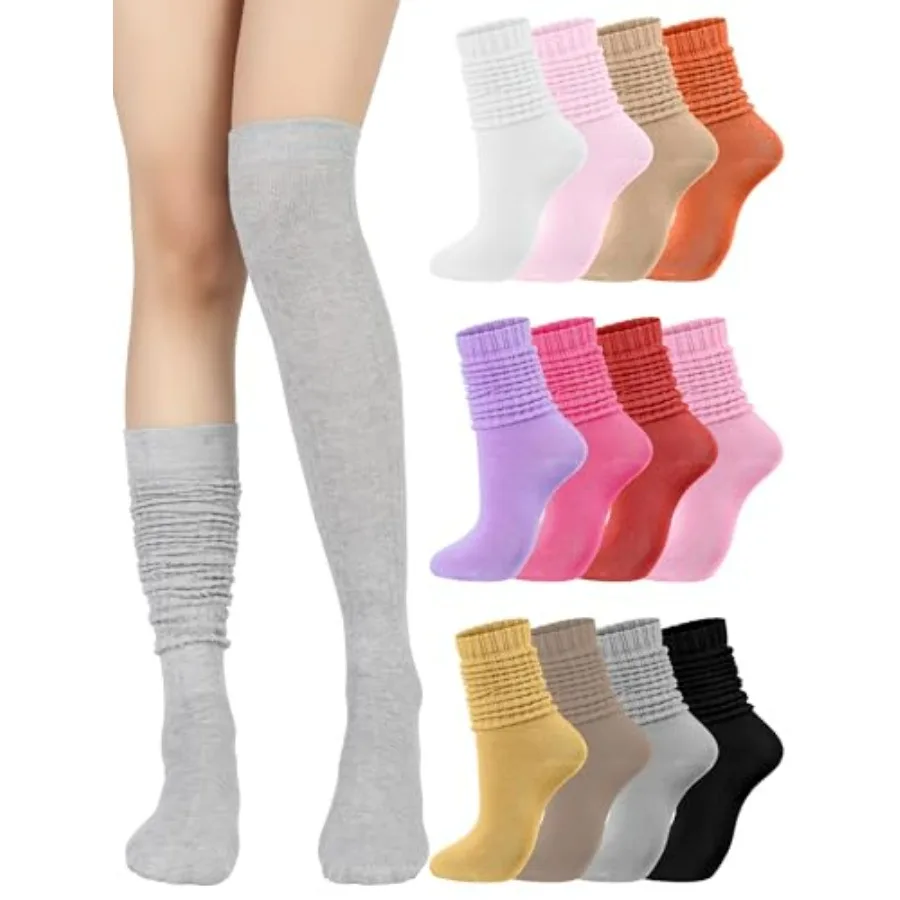 

Fourluoo 12 Pairs Women Cotton Slouch Socks Bulk Colorful Knee High Scrunch Sock Long Stacked Boot Socks for Women Girls