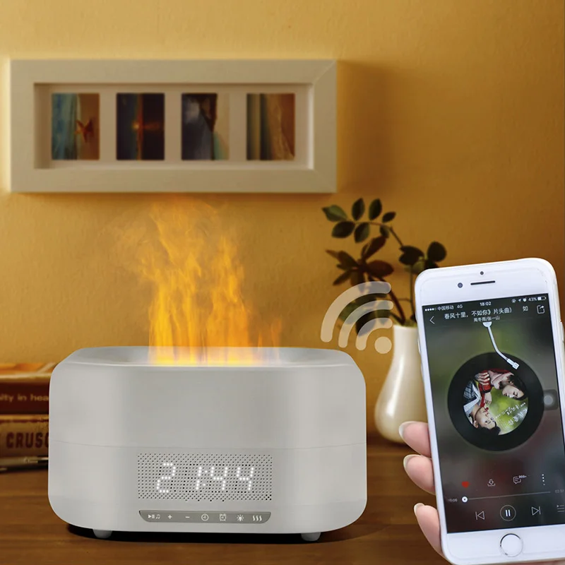 Creative wireless bluetooth speaker simulation flame aromatherapy humidifier machine digital clock home mini speaker