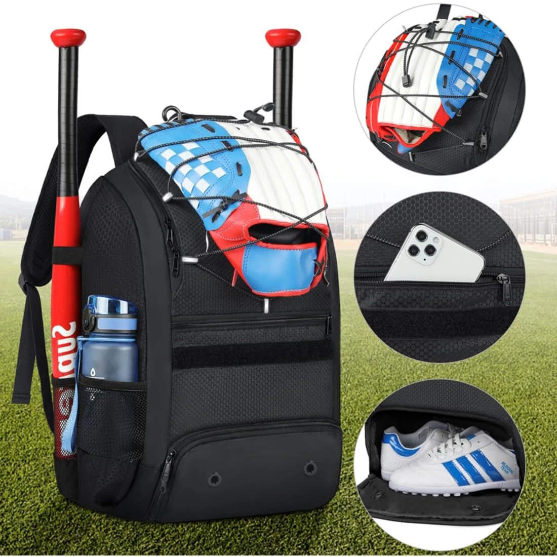 Large capacity Baseball Backpack Lightweight Softball Bat Backpack with Shoe Compartment Softball Bat Bag Softball Equipment