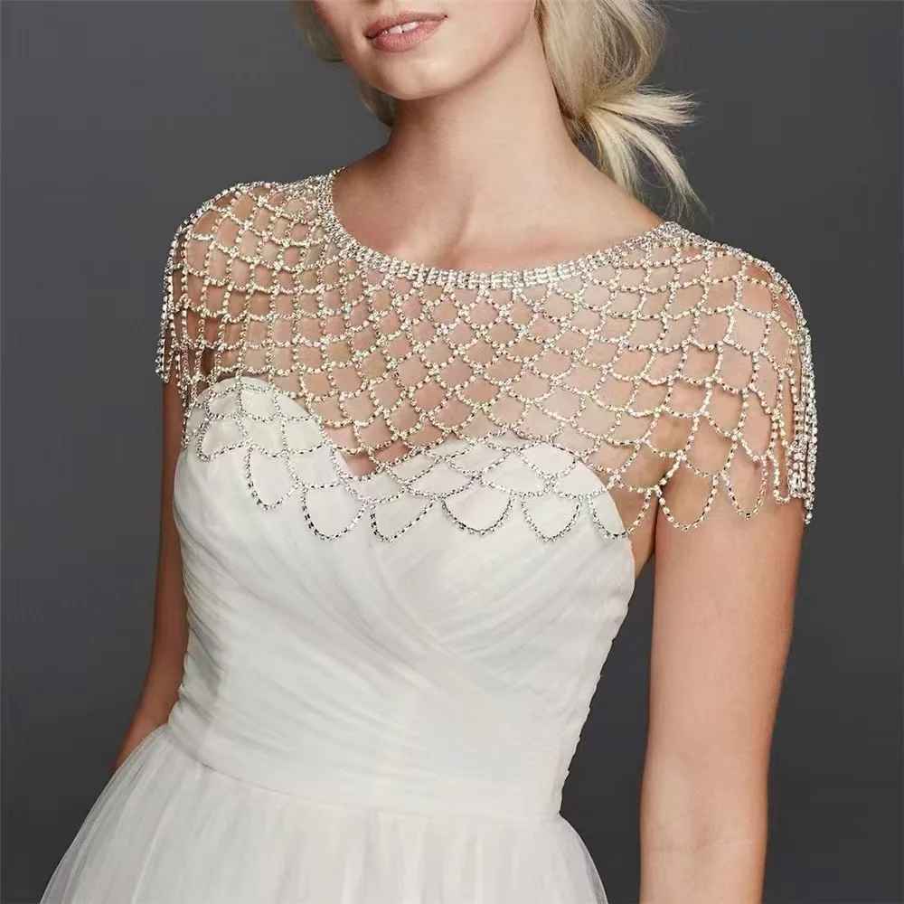 Fashionable Rhinestone Mesh Hollow out Long Tassel Pendant Shoulder Hollow out Shawl Cover Shirt Body Chain Accessory