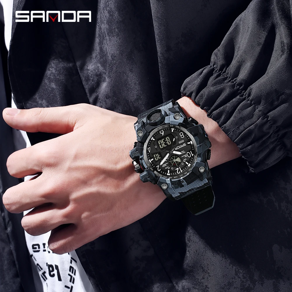 SANDA Sports Military Mens Watch Camouflage LED Digital Watch Outdoor Electron Male Wristwatch Dual Display Quartz Men Clock