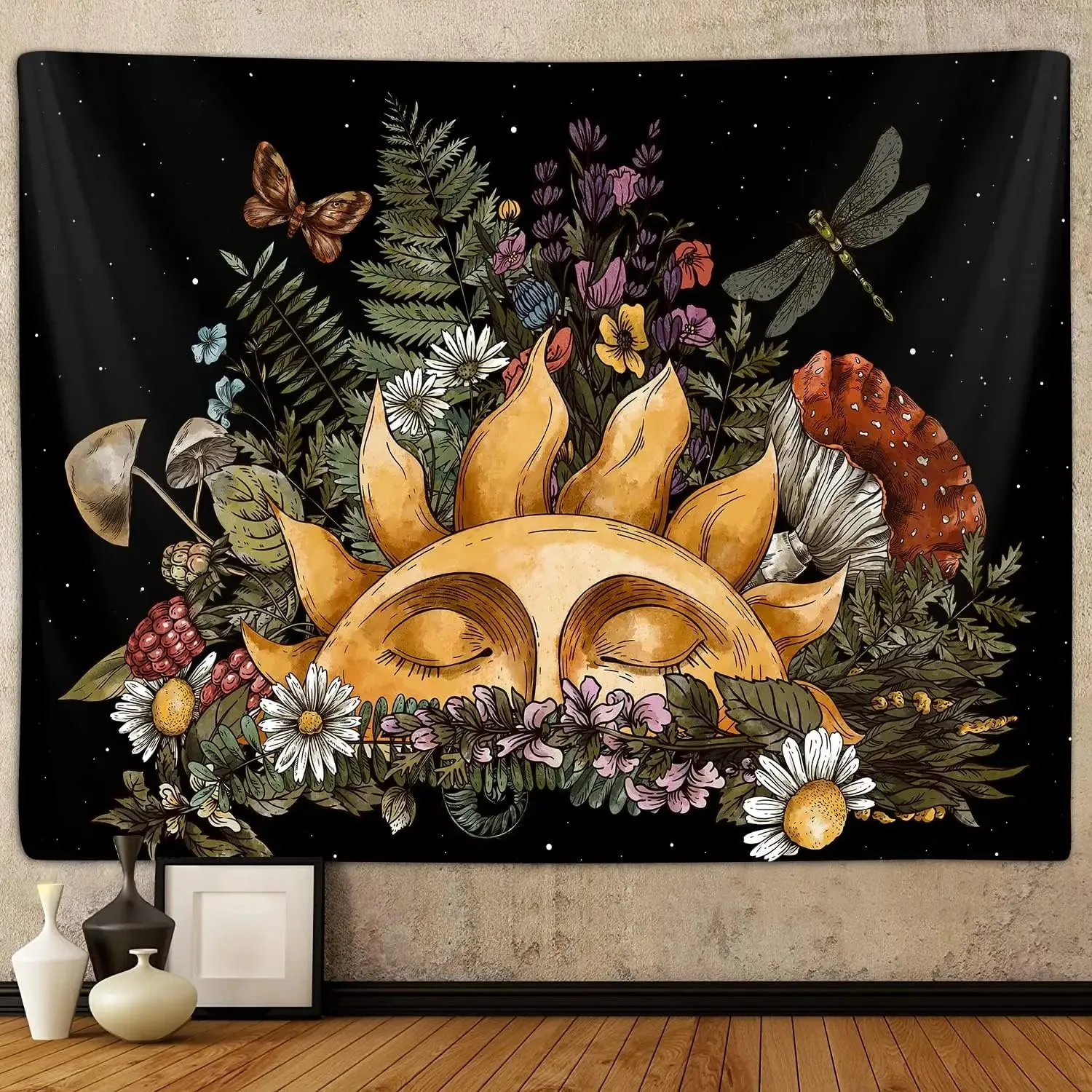 Living Room Decor Bohemian Mushroom Dragonfly Tapestry Bedroom Aesthetic Retro Plants Plant Art Tapestry Dormitory view 3