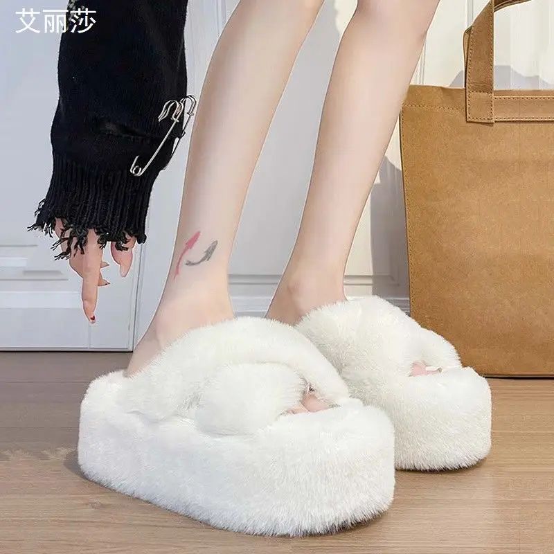 7 cm Platform fluffy slippers women's criss cross fur slides woman winter warm furry flip flops female house slipper big size 42