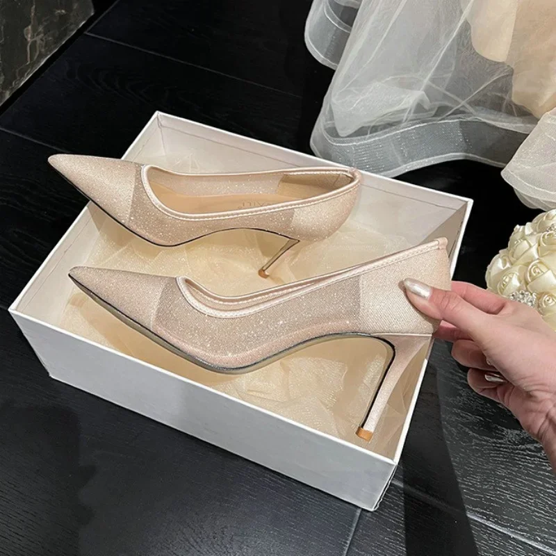 Mesh Pointy Heels Women 2024 New Sexy Lace White Wedding Shoes Banquet Dress Champagne Bridesmaid Shoes