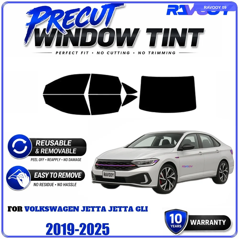 RAVOOY Precut Window Tint, Reusable Removable EPU Film, Custom Fit for Vw Jetta Jetta GLI 2019-2025, UV Heat Protection