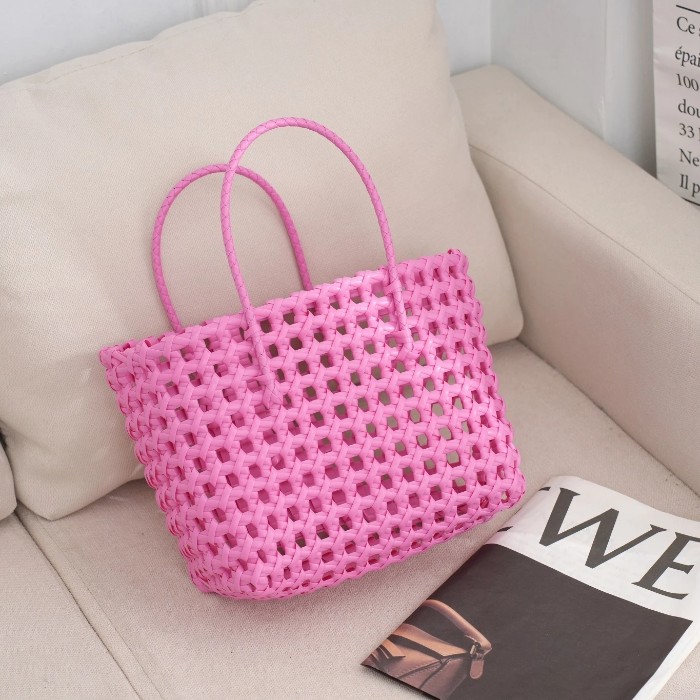 Women\'s Woven Hollow Out Bags Vegetable Basket Summer Fashion PVC Handbag Hand Woven Bag Patchwork Striped Tote Beach Bags