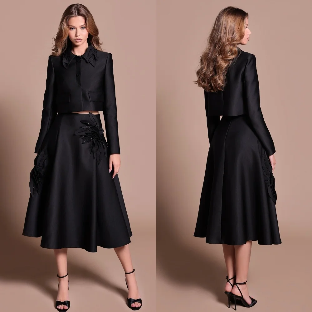 Customized Classic Formal Charmeuse Flower Beading Ruched A-line O-Neck Midi Dresses Bespoke Occasion Dresses Exquisite Fashion