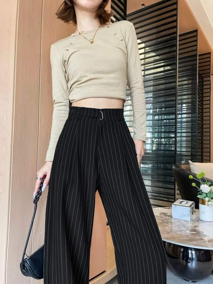 Botvotee 2025 nouveau pantalon de luxe à rayures pour femmes, jambes larges, taille haute, robe fluide, pantalon de bureau élégant, mode automne hiver