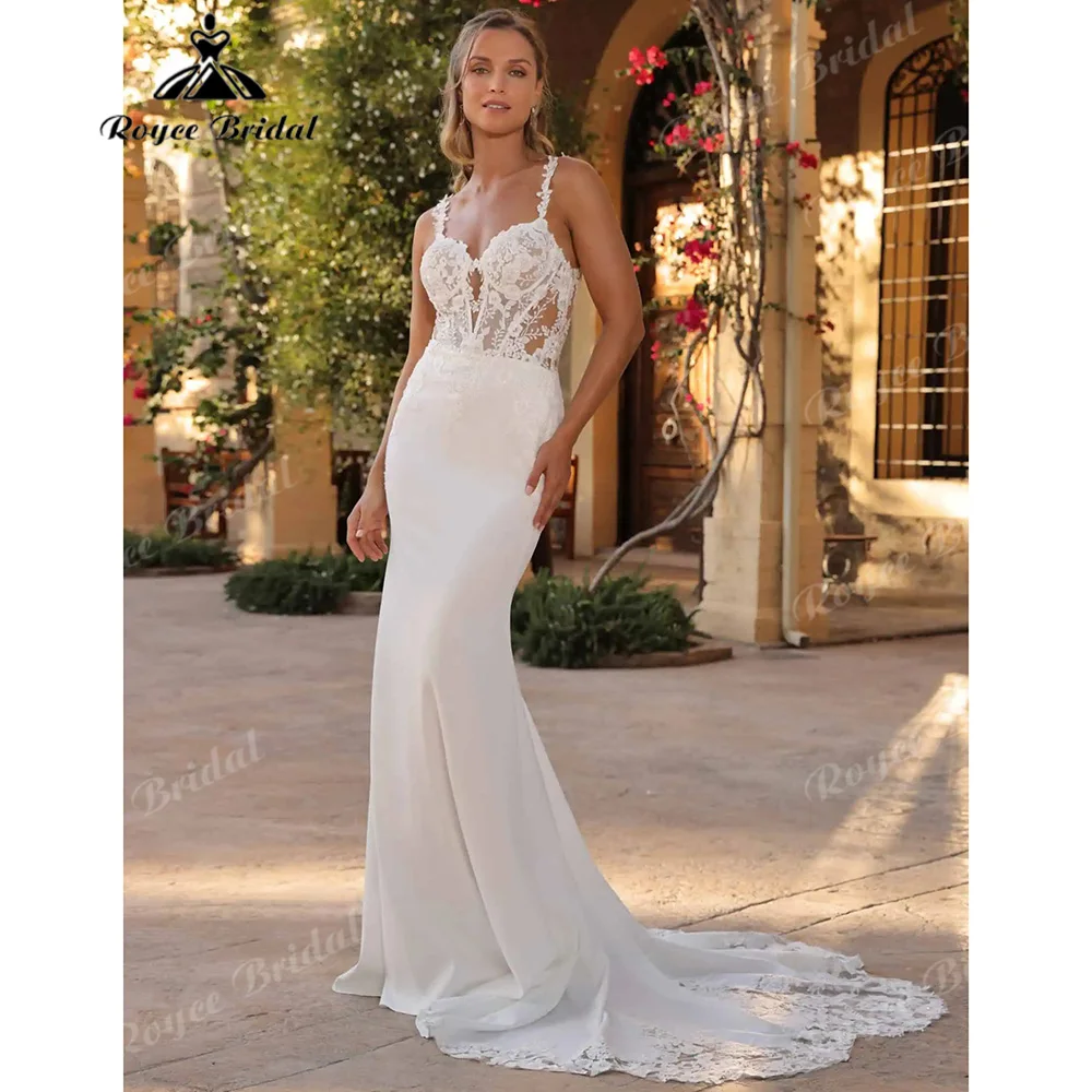 Mermaid Wedding Dress Spaghetti Straps 3D Floral Lace Sequin Corset Bodice Low U Back Stretch Satin Vestido De Novia Customized