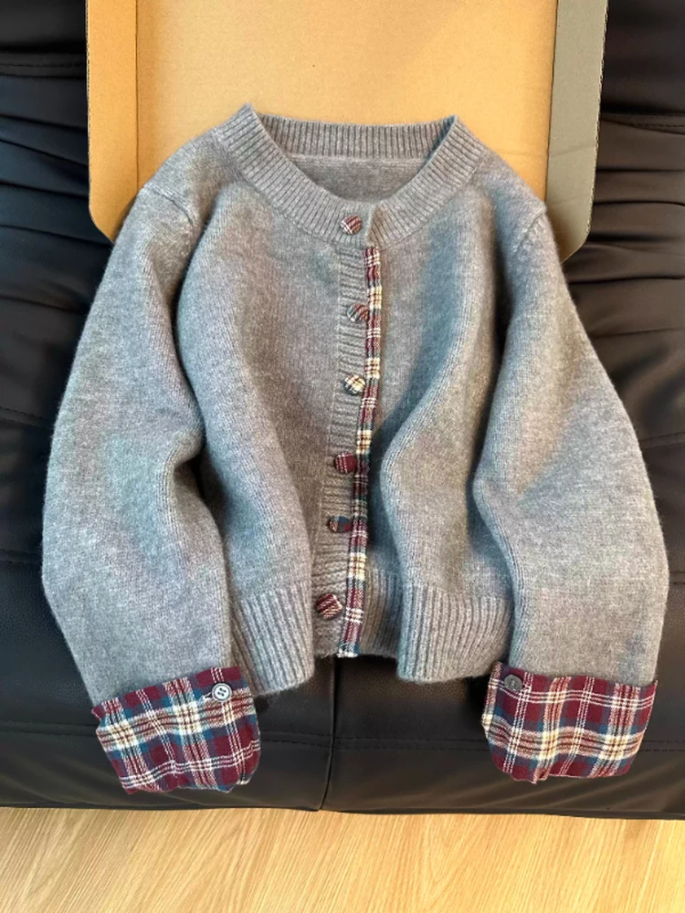 

Korean Sle Plaid Knitted Sweater Women's Loose Casual Open Cardigan round Ne Two-Piece Look Fall Winter New Arrival