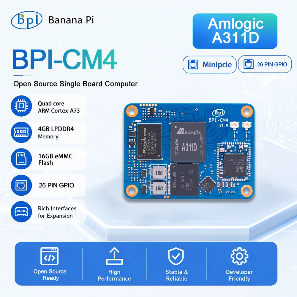 Banana Pi BPI-CM4 Amlogic A311D Quad Core ARM Cortex-A73 4G LPDDR4 16G eMMC Minipcie 26PIN Support HDMI Linux dev board computer