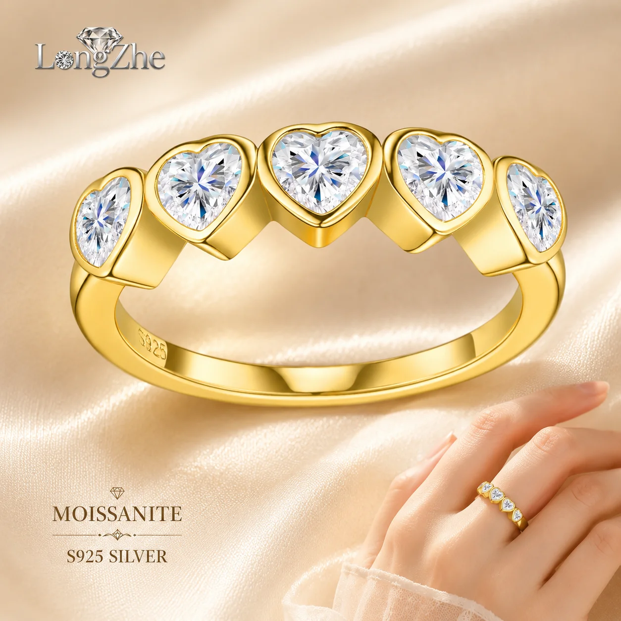 LongZhe Moissanite Ring S925 Sterling Silver Gold Color Heart Cut 5 Stones Stackable Band Ring Daily Anniversary Gift for Women