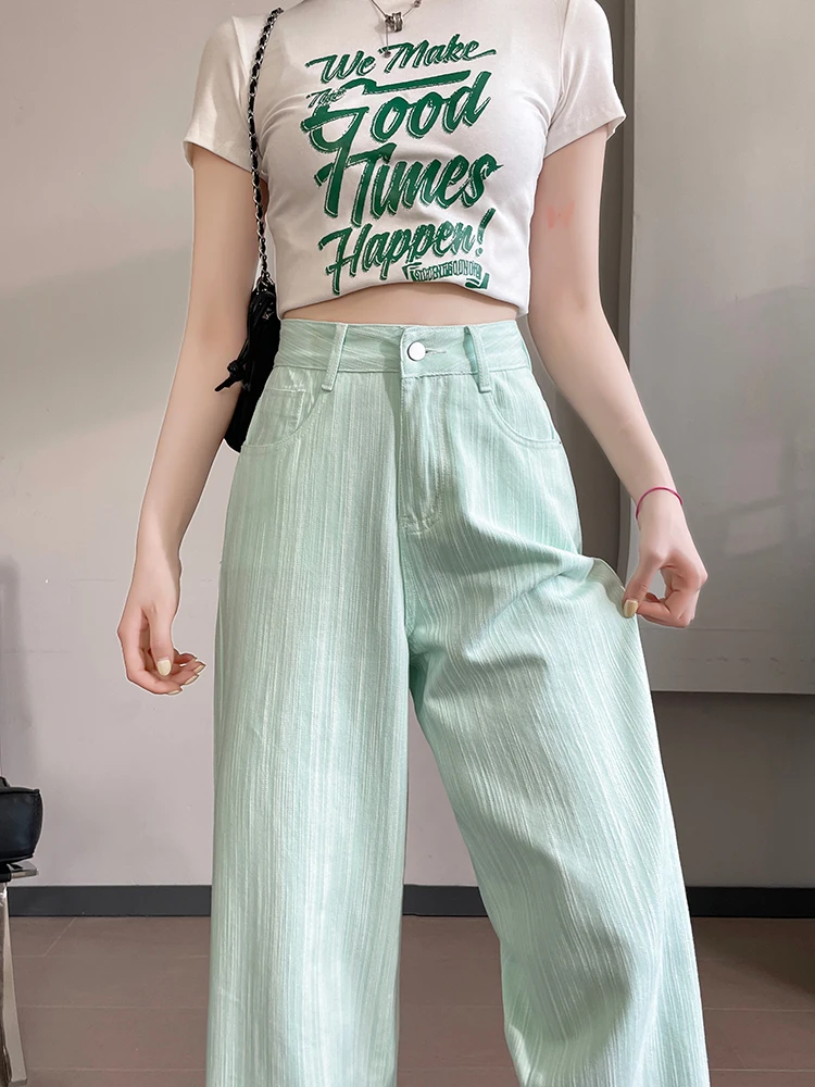 Green Jeans Women Washed High Waist Korean Streetwear Vertical Striped Fashionable Wide Leg Full Length Comfortable Trousers