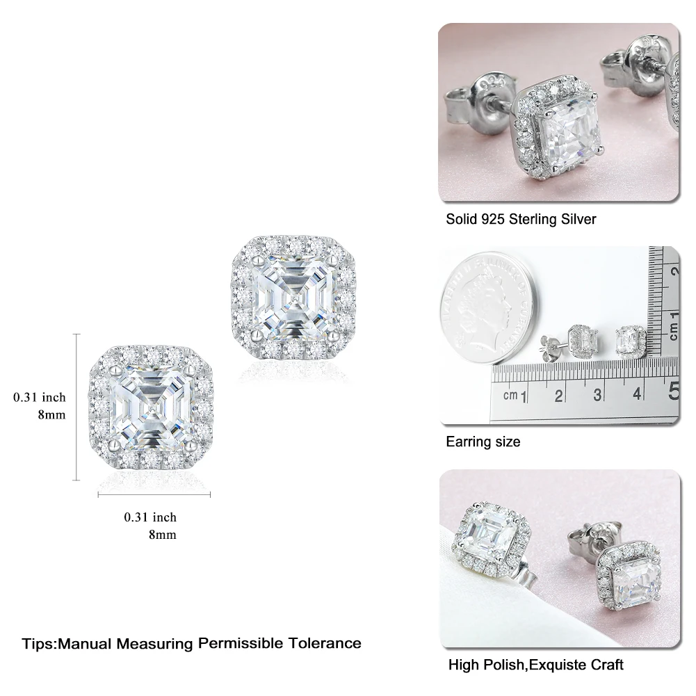 SEASKY 925 Sterling Silver Moissanite Studs Earrings for Women 1.6ct D Color Asscher Cut Sparkling Diamond Earrings Fine Jewelry