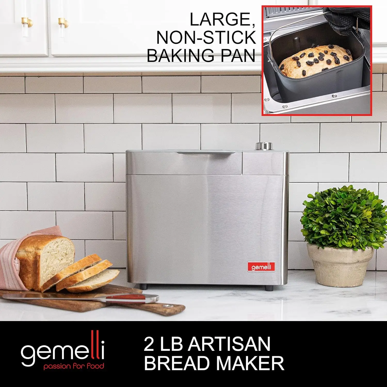 Artisan Bread Maker, Stainless Steel w/ 21 Functions, Ceramic Pan, Fruit/Nut Dispenser, 3 Loaf Sizes, 3 Shades, Gluten-Free Sett