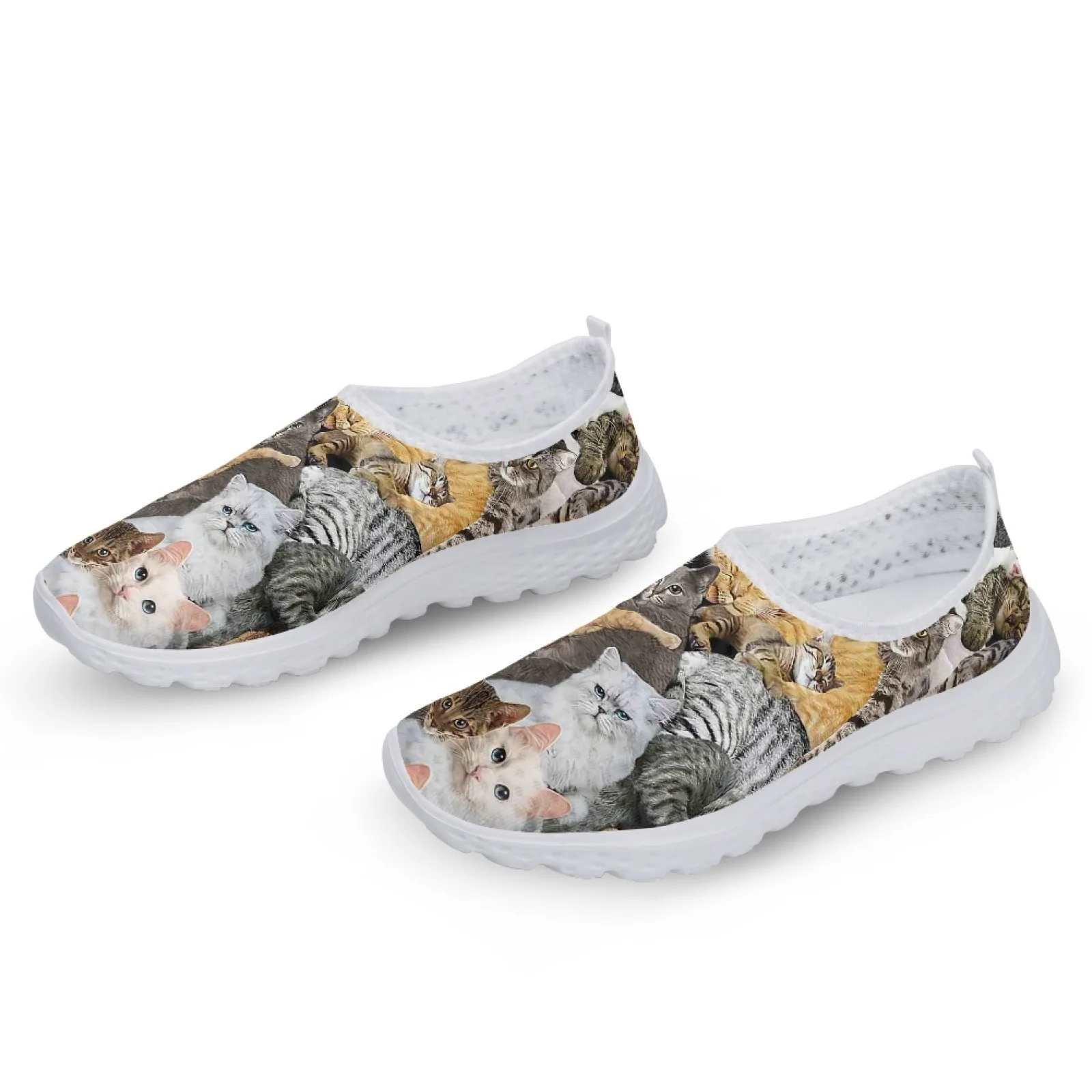 INSTANTARTS Cute 3D Cat Printing Female Mesh Sneakers Breathable Slip-on Loafers Lightweight Women Flat Shoes Casual Footwear