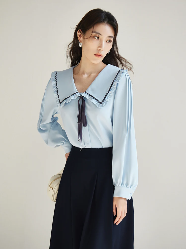 DUSHU Doll Neck Sweet Shirt Full Sleeve Shape Temperament For Women Shirt 2024 New Spring Women Blue Women Shirts Casual Loose