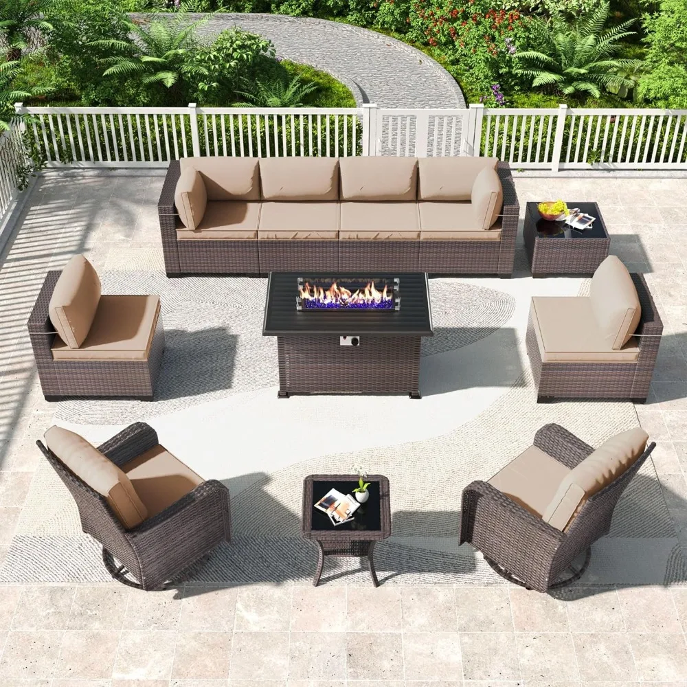 

11PCS Outdoor Patio Furniture Set,PE Wicker Rattan Sectional Sofa Patio Conversation Sets with Gas Propane Fire Pit Table