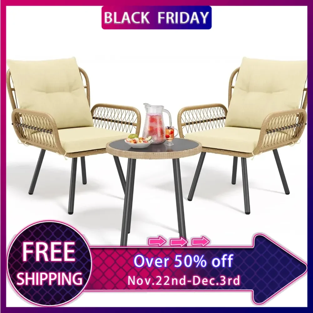 

3 Piece Wicker Patio Bistro Furniture Set, Outdoor All-Weather Balcony Furniture Sets, Rattan Table and Chairs with Coffee Table