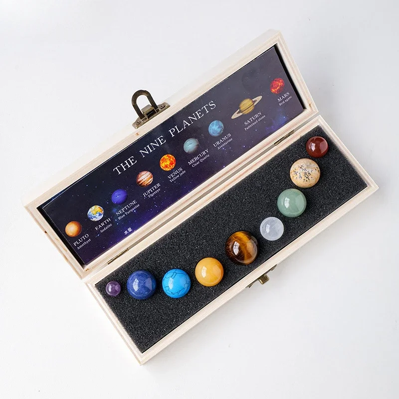 

Natural Crystal Ball Nine Planets Wooden Box Set Crystal Ore Specimen Solar System Planet Crystal Box Set