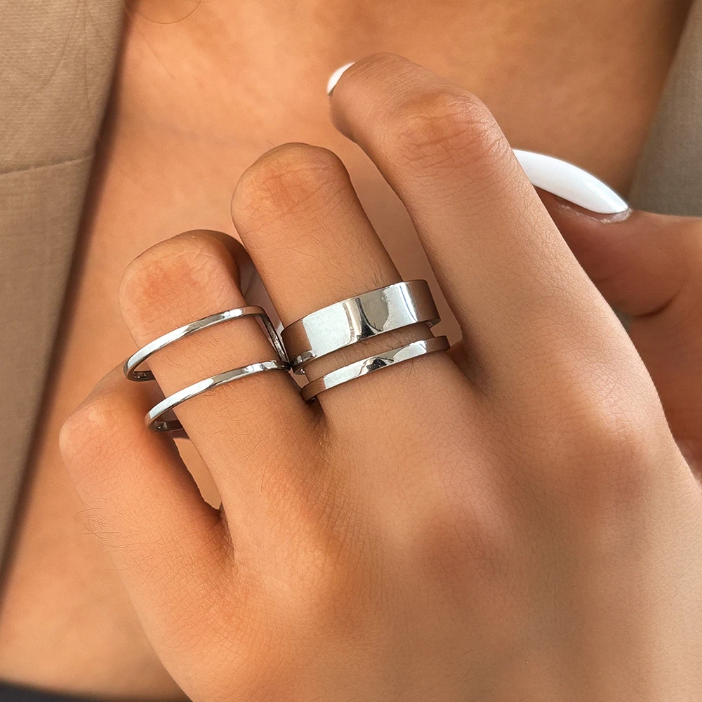 Stainless Steel Rings Fashion Simple Delicate Ring Set Geometric Romantic Couple Open End Ring Set Ladies Jewelry Party Gifts