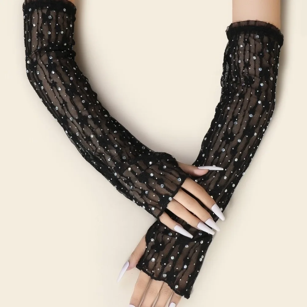 

1 пара ретро-перчаток с длинными кружевными вставками, эластичные перчатки с блестками и стразами, сверкающие ажурные сетчатые перчатки для женщин