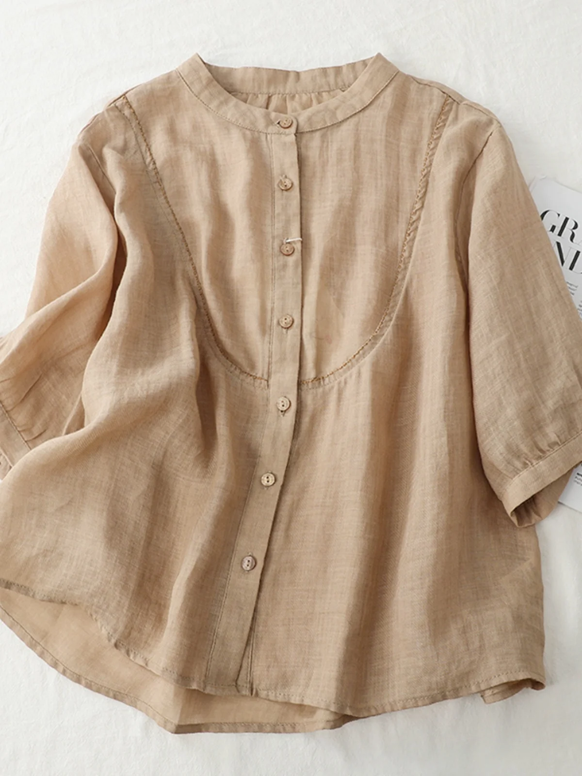 

Льняной ор Све irt Женский свободный утягивающий тонкий хлопковый льняной топ Летний легкий воротник-стойка Four-Five Sve Commute ...