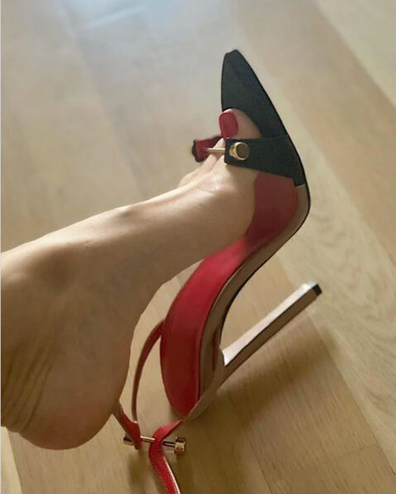 

New high-heeled, pointed toe, sexy color blocked ankle strap, straight strap, high-heeled shoes, metal buckle