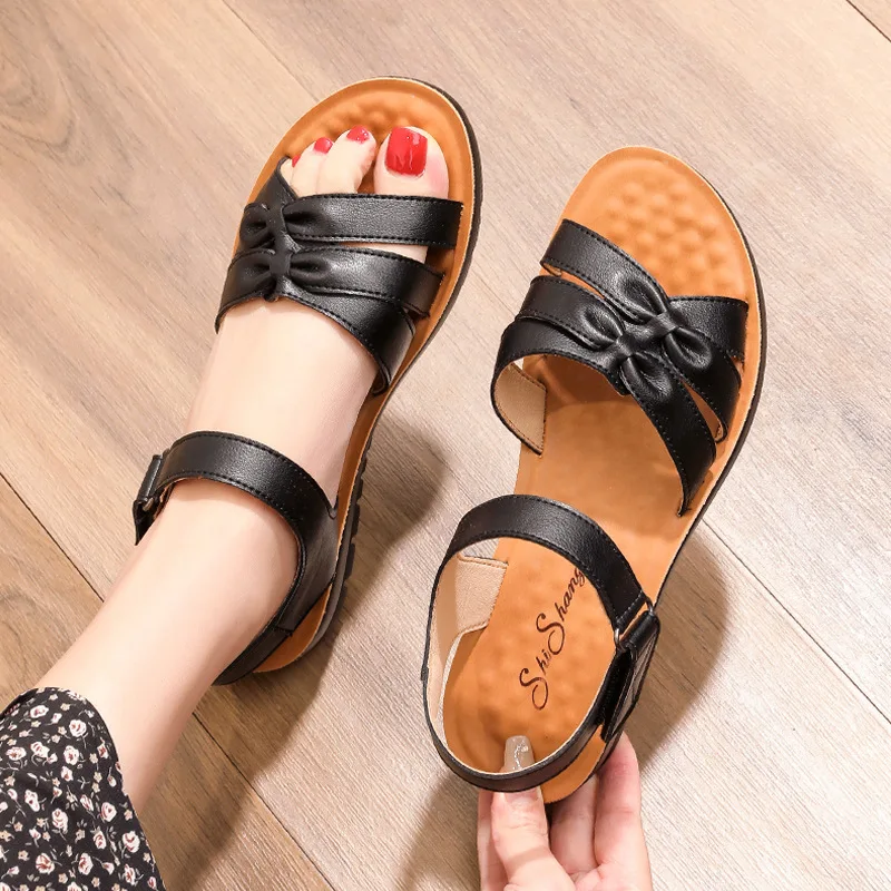 Women Sandals 2023 Fashion Leather Outdoor Wedges Shoes For Women Summer Flat Non-slip Soft Bottom Elderly Beach Casual Shoes