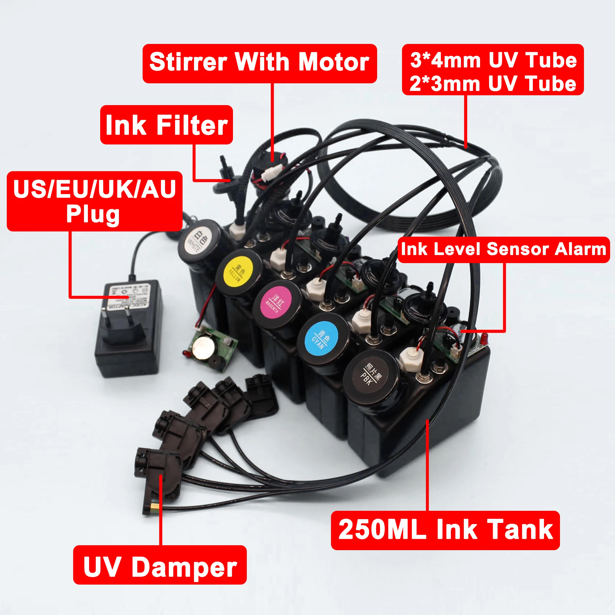 250ML UV White Ink CISS System With Damper For UV DTF For L1800 L805 Modify White Ink with Stirrer Ink Level Sensor Alarm