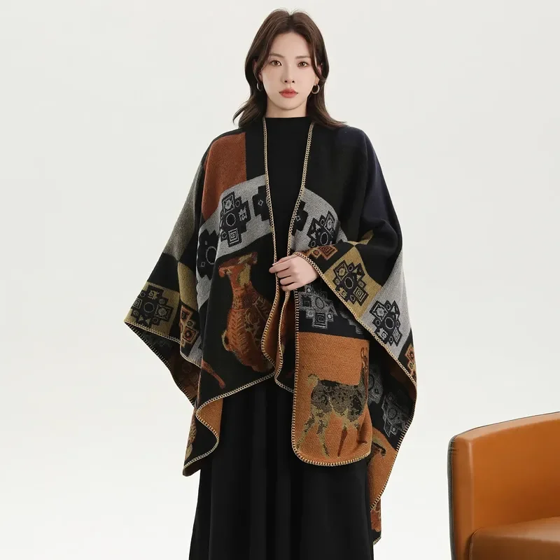 

Jiangnan Water Town Knitted Scarf Autumn Winter Warm Shawl Split Oil Painting Design Art Tourism Inspired Cloak Outerwear