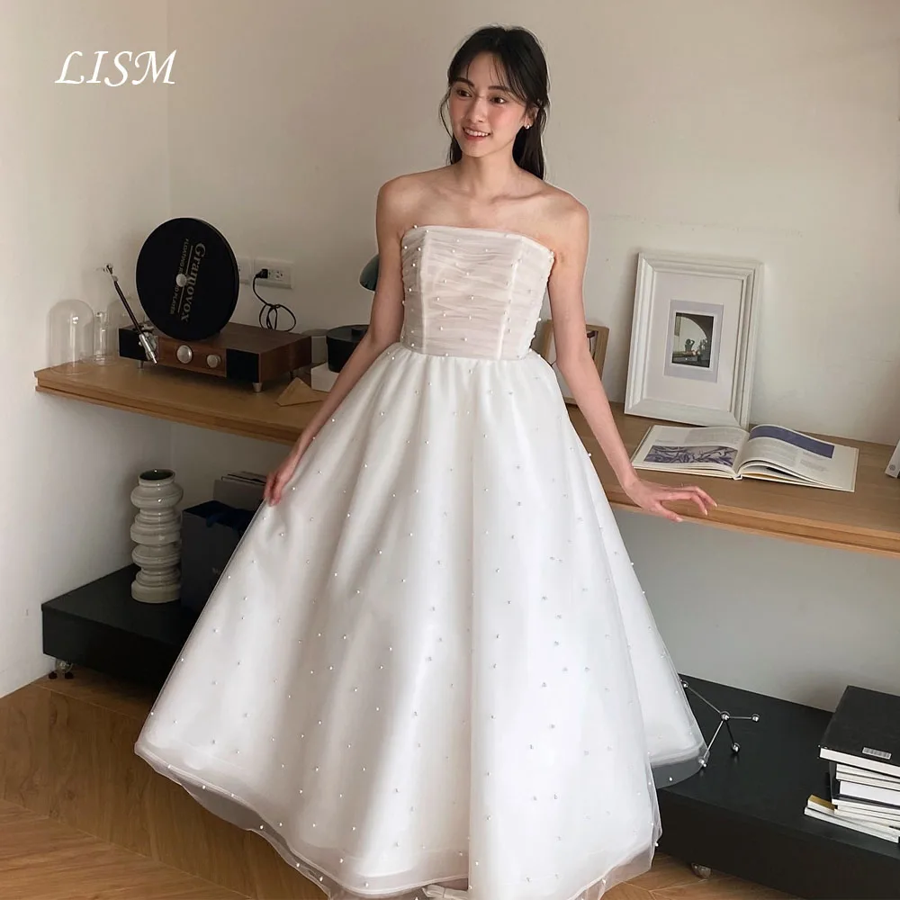 LISM Strapless A-lijn Korea Trouwjurken Parels Zijde Tule Aangepaste Elegante Bruidsjurken SEOanke Lj Tinggi Lange Jurk Voor Bruid