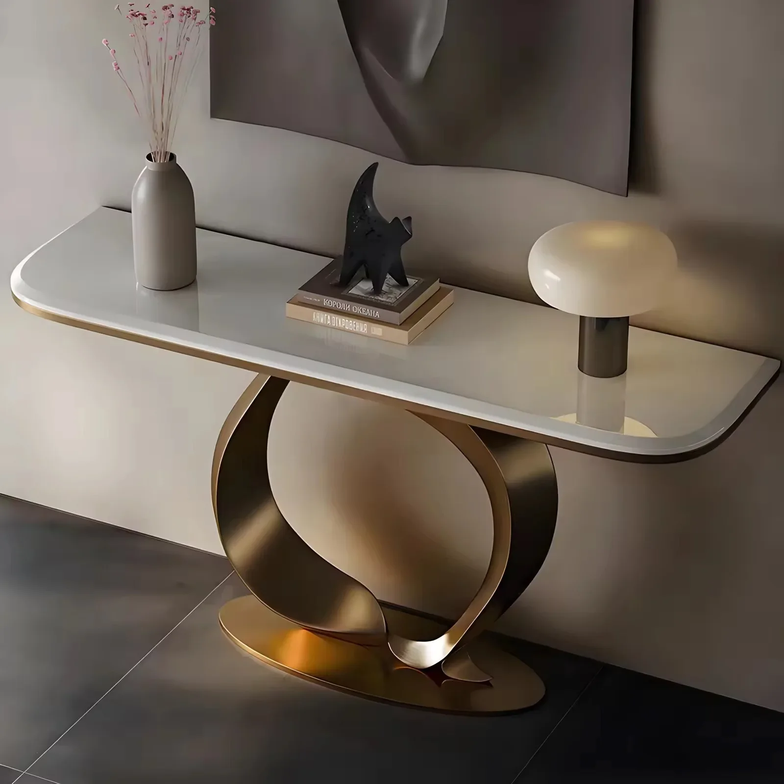 Light luxury stainless steel modern style marble countertop Entry door End view table Entrance strip table against the wall