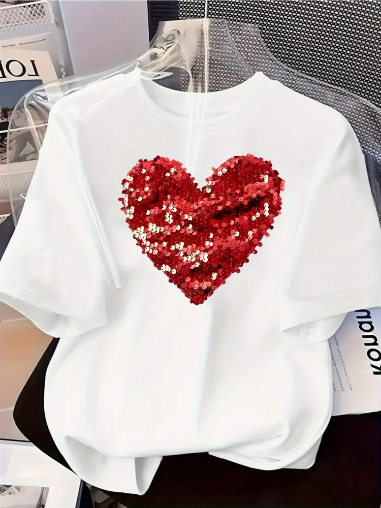 المرأة على شكل قلب نمط قصيرة الأكمام تي شيرت الأحمر الترتر العصرية تي شيرت مطبوع ملابس غير رسمية والحفلات موضة قصيرة الأكمام #2