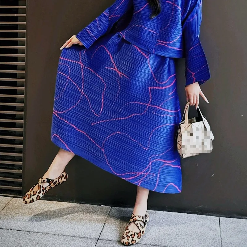  Pleated Skirt 2026 Summer New Elastic Waist with Side Slits Women's Line Print Fashion Long Skirt No-Iron Clothing
